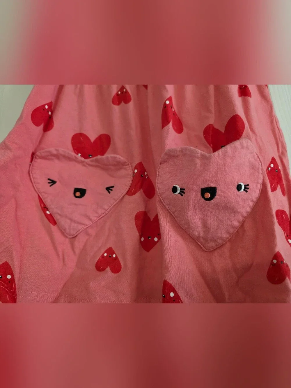 Pink Heart Print Girls Dress with Heart Pockets